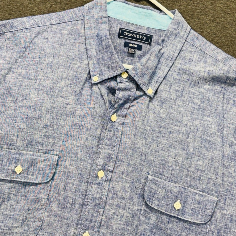Crown & Ivy Shirt Mens 3XLT‎ Big Tall Short Sleeve Linen Cotton Chambray Blue